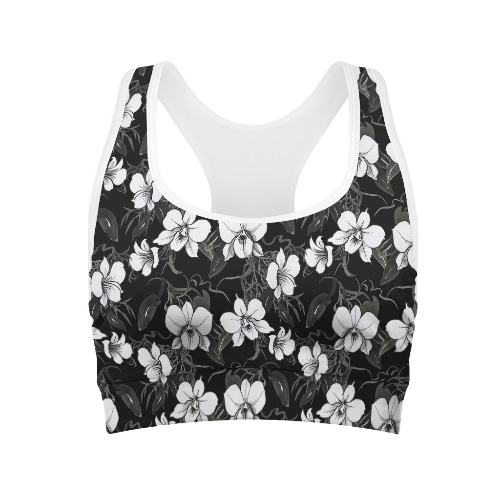 Black And White Cattleya Pattern Print Women's Sports Bra