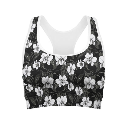 Black And White Cattleya Pattern Print Women's Sports Bra