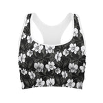 Black And White Cattleya Pattern Print Women's Sports Bra