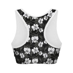 Black And White Cattleya Pattern Print Women's Sports Bra