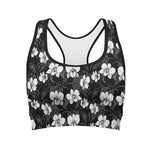 Black And White Cattleya Pattern Print Women's Sports Bra