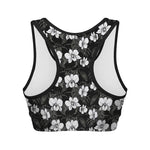 Black And White Cattleya Pattern Print Women's Sports Bra