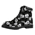 Black And White Cattleya Pattern Print Padded Collar Lace Up Boots