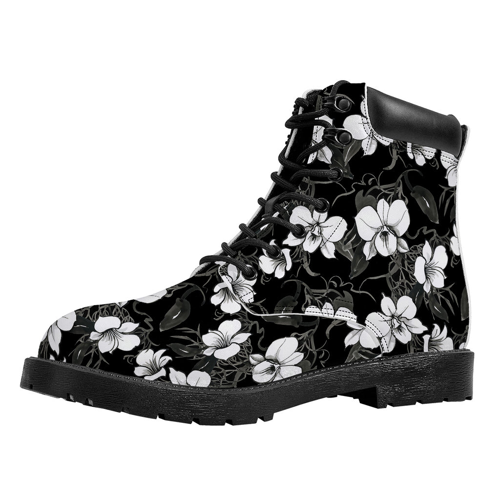 Black And White Cattleya Pattern Print Work Boots