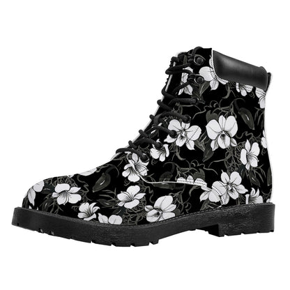 Black And White Cattleya Pattern Print Work Boots