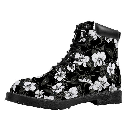 Black And White Cattleya Pattern Print Work Boots