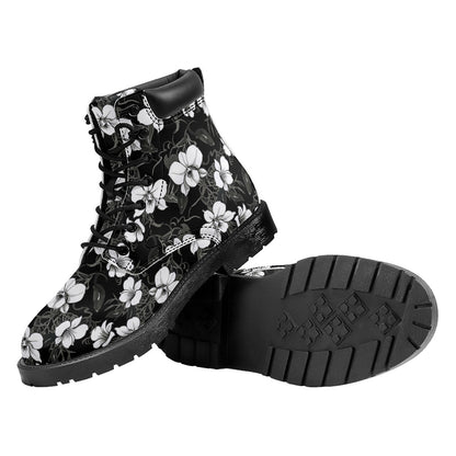 Black And White Cattleya Pattern Print Work Boots