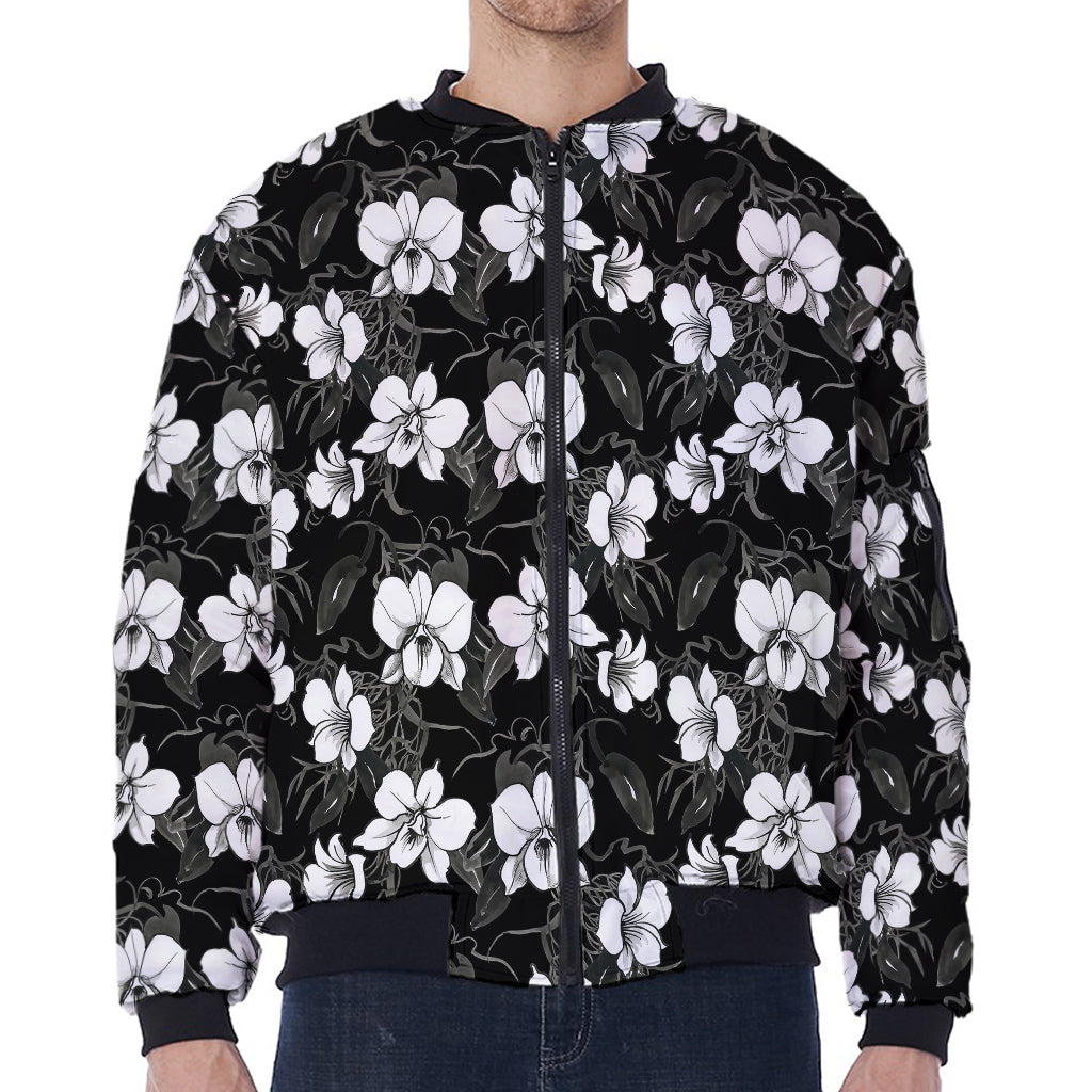 Black And White Cattleya Pattern Print Zip Sleeve Bomber Jacket