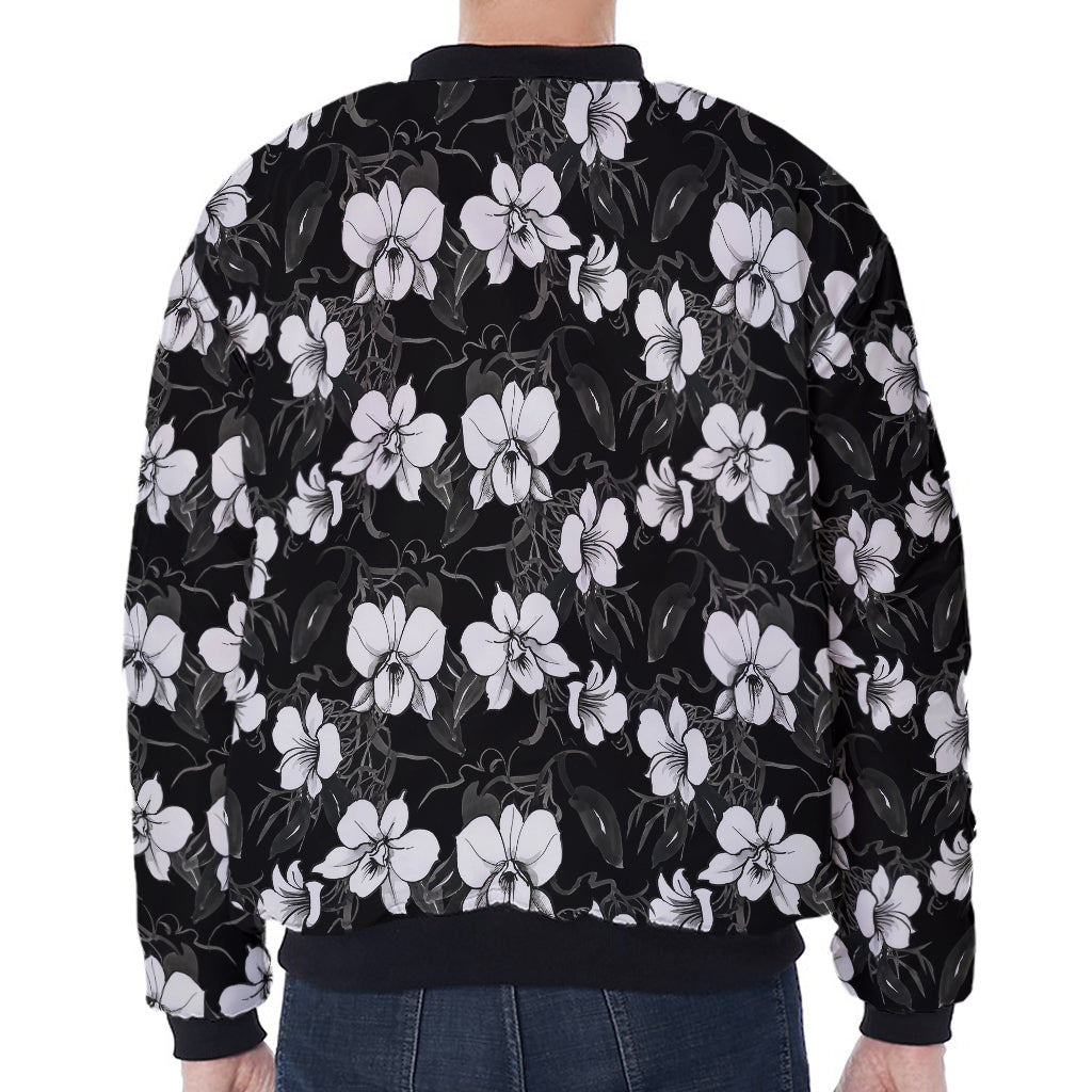 Black And White Cattleya Pattern Print Zip Sleeve Bomber Jacket