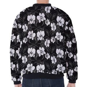 Black And White Cattleya Pattern Print Zip Sleeve Bomber Jacket