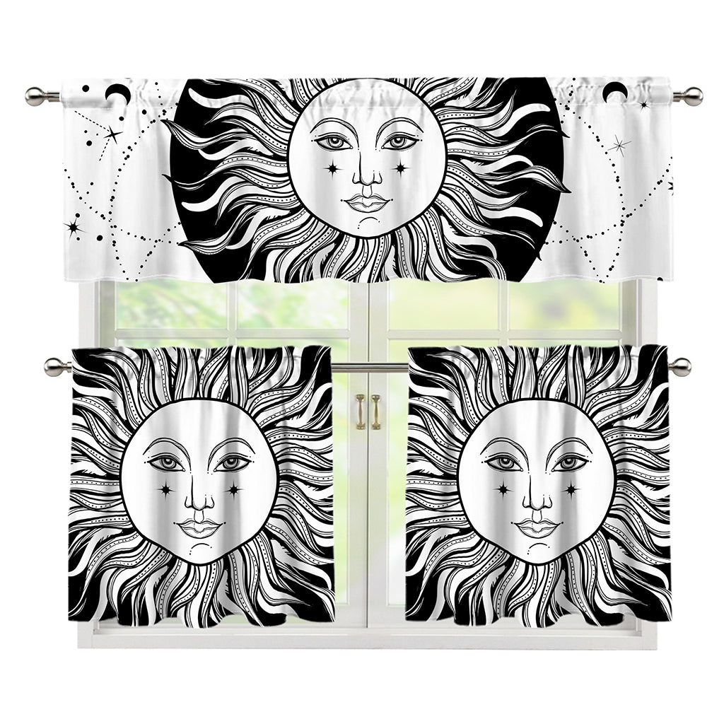 Black And White Celestial Sun Print 3 Piece Kitchen Curtains