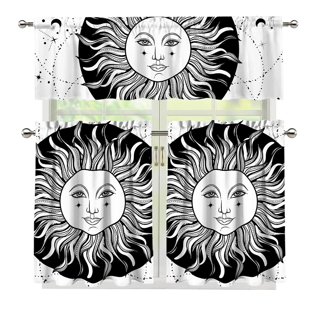 Black And White Celestial Sun Print 3 Piece Kitchen Curtains