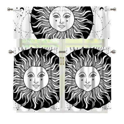 Black And White Celestial Sun Print 3 Piece Kitchen Curtains
