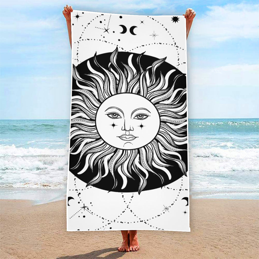 Black And White Celestial Sun Print Beach Towel