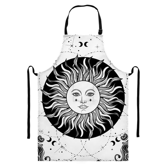 Black And White Celestial Sun Print Bib Apron With Pocket