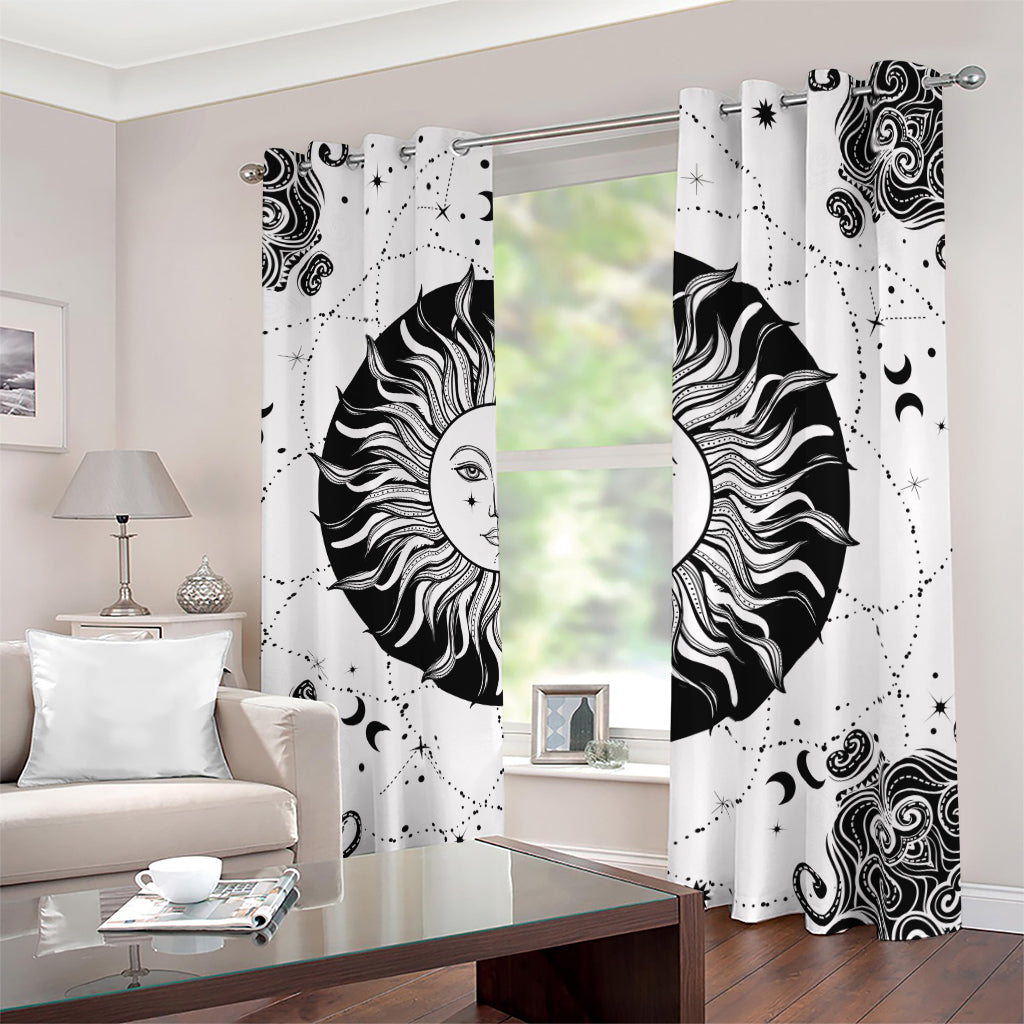 Black And White Celestial Sun Print Blackout Grommet Curtains