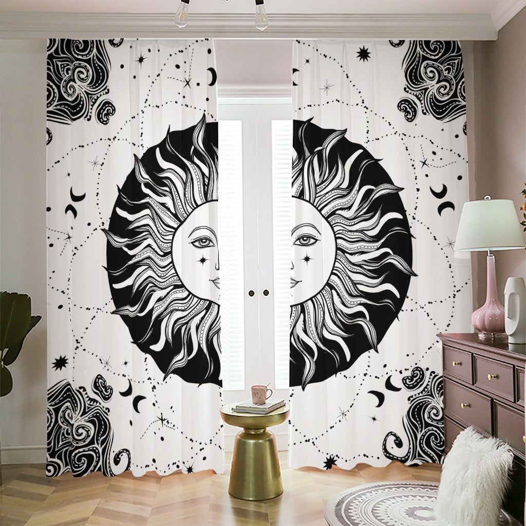 Black And White Celestial Sun Print Blackout Pencil Pleat Curtains