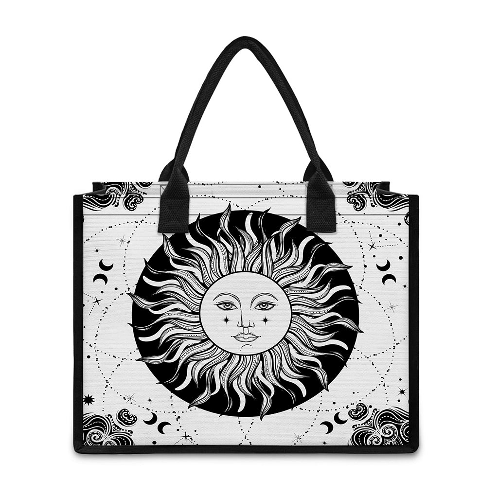 Black And White Celestial Sun Print Canvas Tote Bag