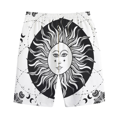 Black And White Celestial Sun Print Cotton Shorts
