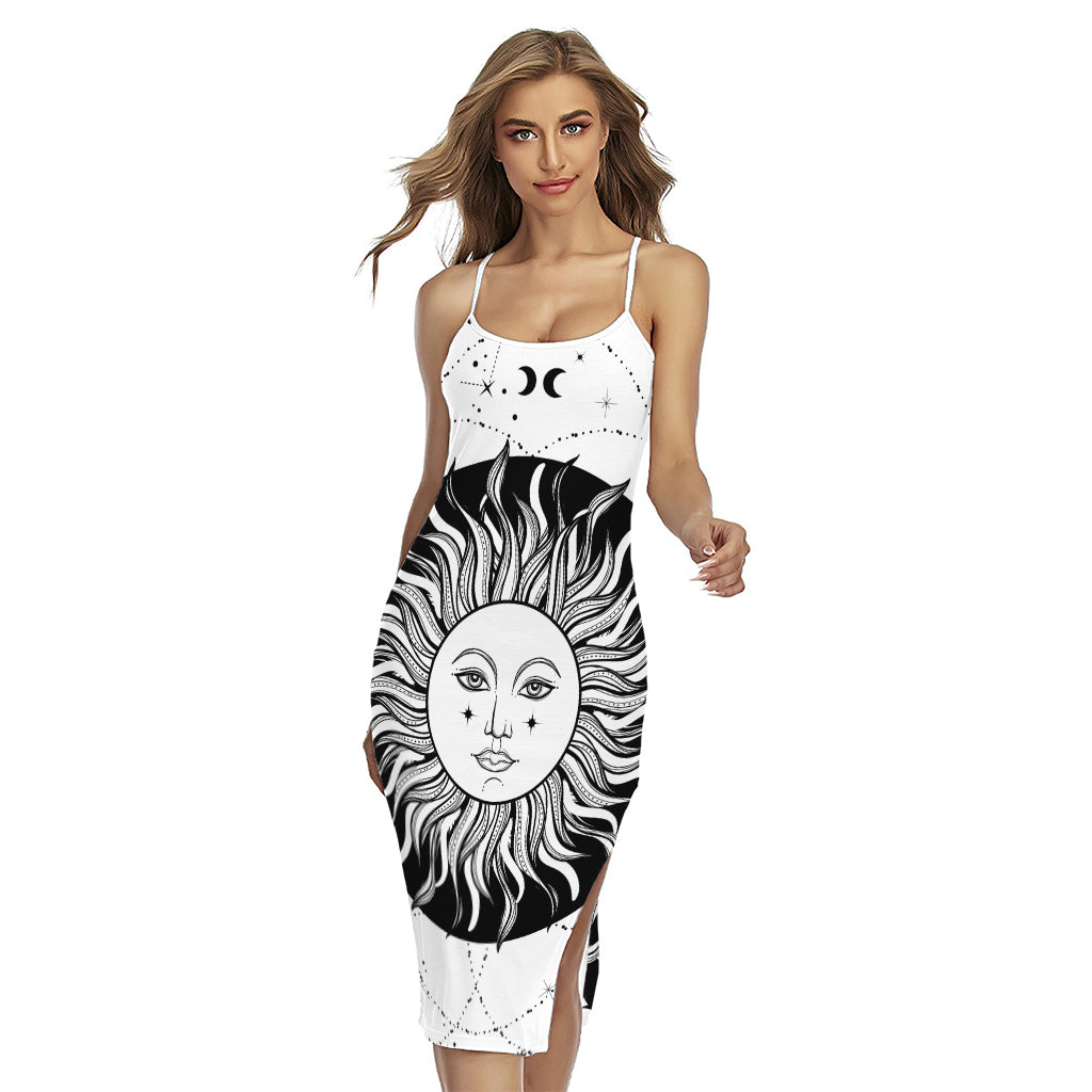 Black And White Celestial Sun Print Cross Back Cami Dress