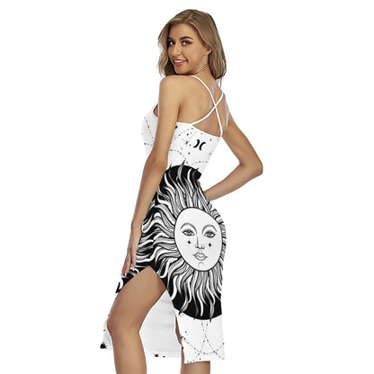 Black And White Celestial Sun Print Cross Back Cami Dress