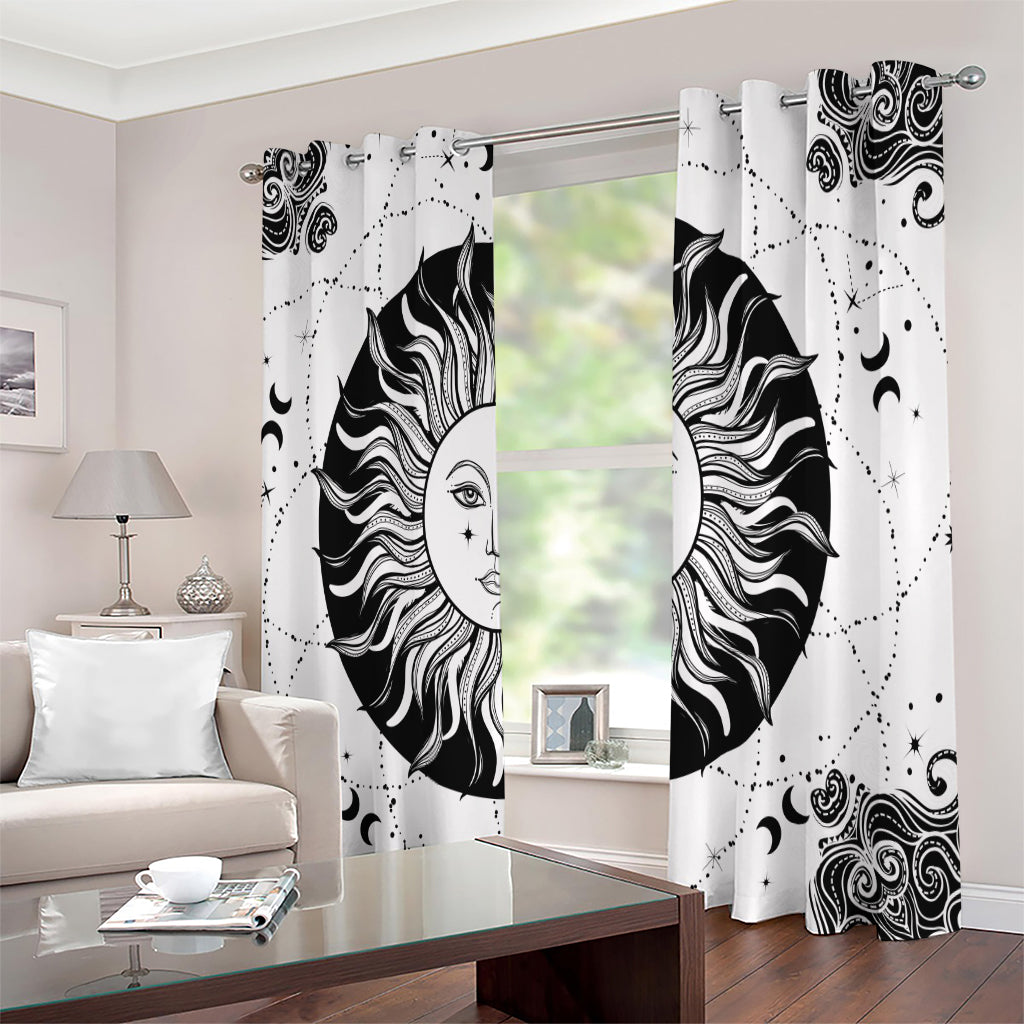 Black And White Celestial Sun Print Extra Wide Grommet Curtains