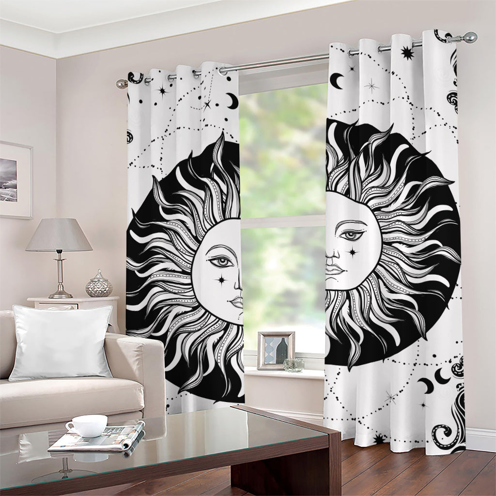 Black And White Celestial Sun Print Grommet Curtains