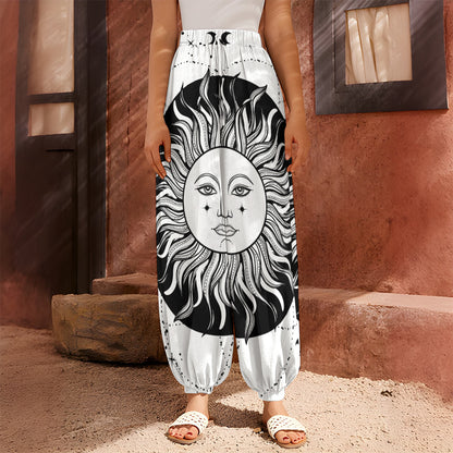 Black And White Celestial Sun Print Harem Pants