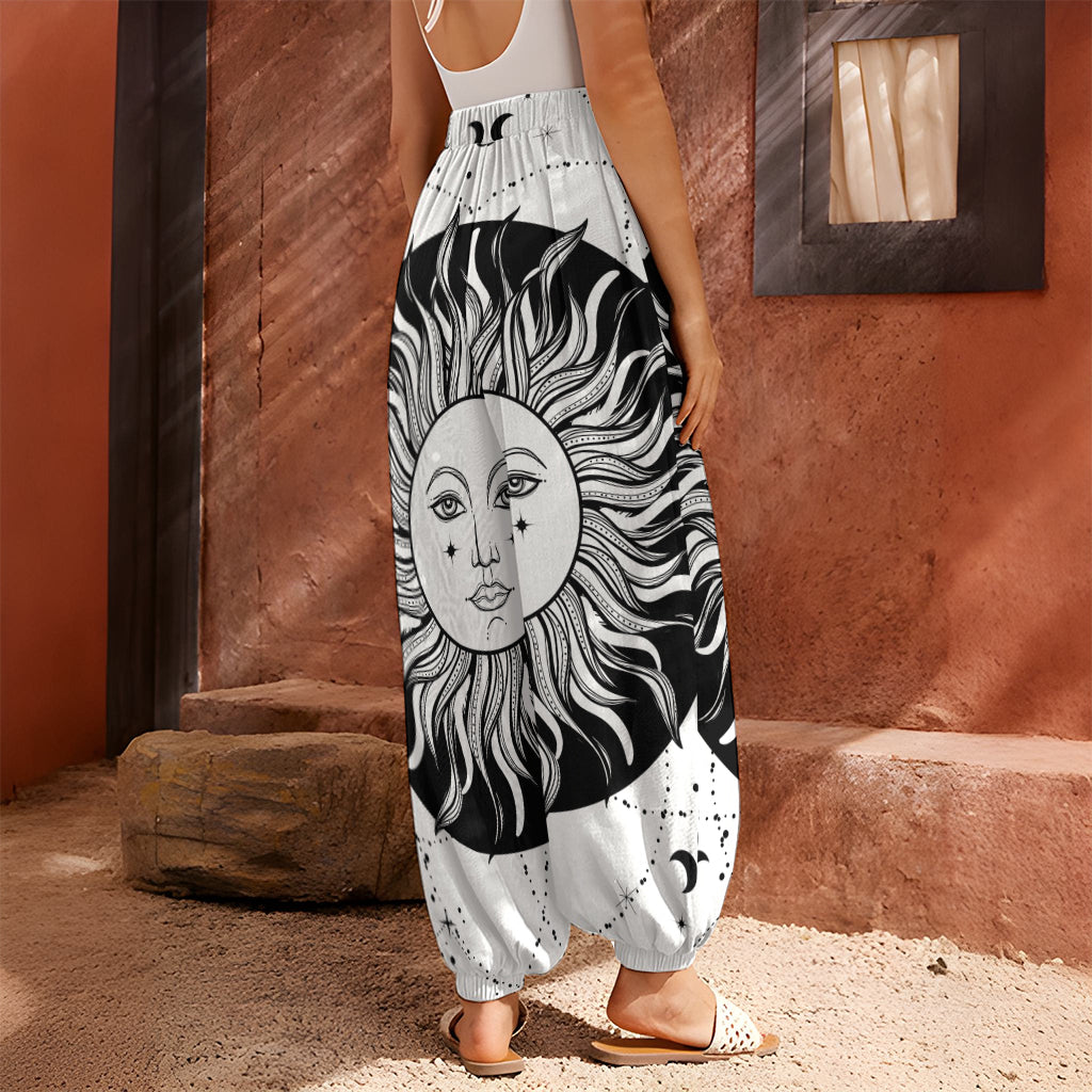 Black And White Celestial Sun Print Harem Pants