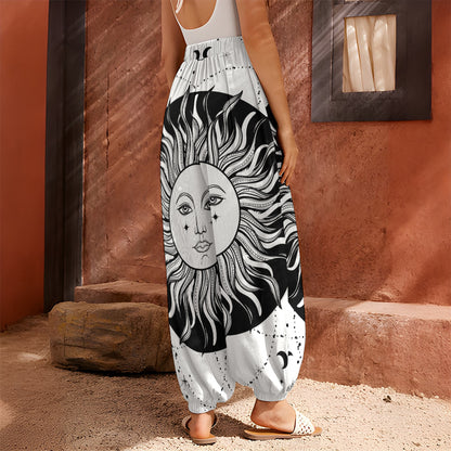 Black And White Celestial Sun Print Harem Pants