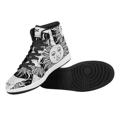 Black And White Celestial Sun Print High Top Leather Sneakers