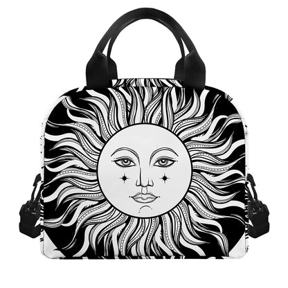 Black And White Celestial Sun Print Insulated Lunch Bag
