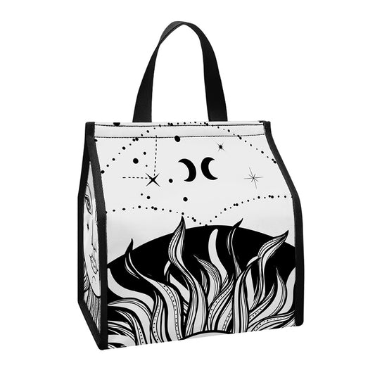 Black And White Celestial Sun Print Insulated Lunch Tote