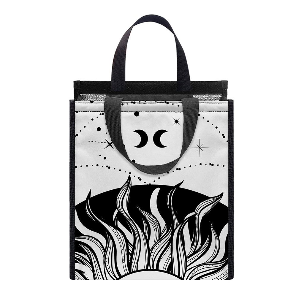 Black And White Celestial Sun Print Insulated Lunch Tote