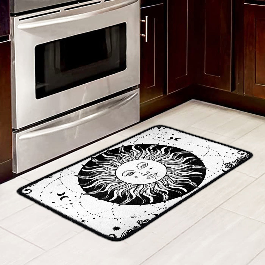 Black And White Celestial Sun Print Kitchen Mat