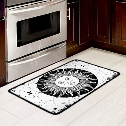 Black And White Celestial Sun Print Kitchen Mat