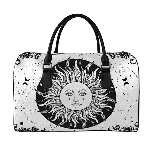 Black And White Celestial Sun Print Leather Duffle Bag