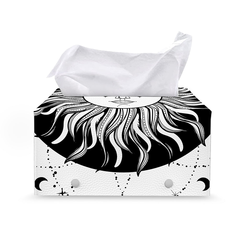 Black And White Celestial Sun Print Leather Tissue Box Cover