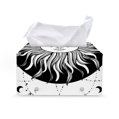 Black And White Celestial Sun Print Leather Tissue Box Cover