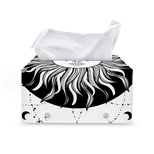 Black And White Celestial Sun Print Leather Tissue Box Cover