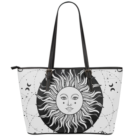 Black And White Celestial Sun Print Leather Tote Bag
