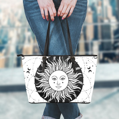 Black And White Celestial Sun Print Leather Tote Bag