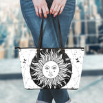 Black And White Celestial Sun Print Leather Tote Bag