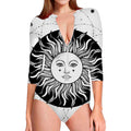 Black And White Celestial Sun Print Long Sleeve Swimsuit