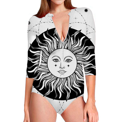 Black And White Celestial Sun Print Long Sleeve Swimsuit