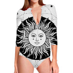 Black And White Celestial Sun Print Long Sleeve Swimsuit