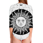 Black And White Celestial Sun Print Long Sleeve Swimsuit
