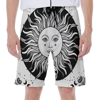 Black And White Celestial Sun Print Men's Beach Shorts