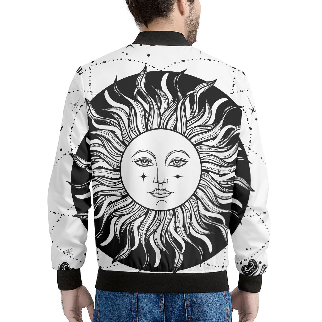 Black And White Celestial Sun Print Men's Bomber Jacket