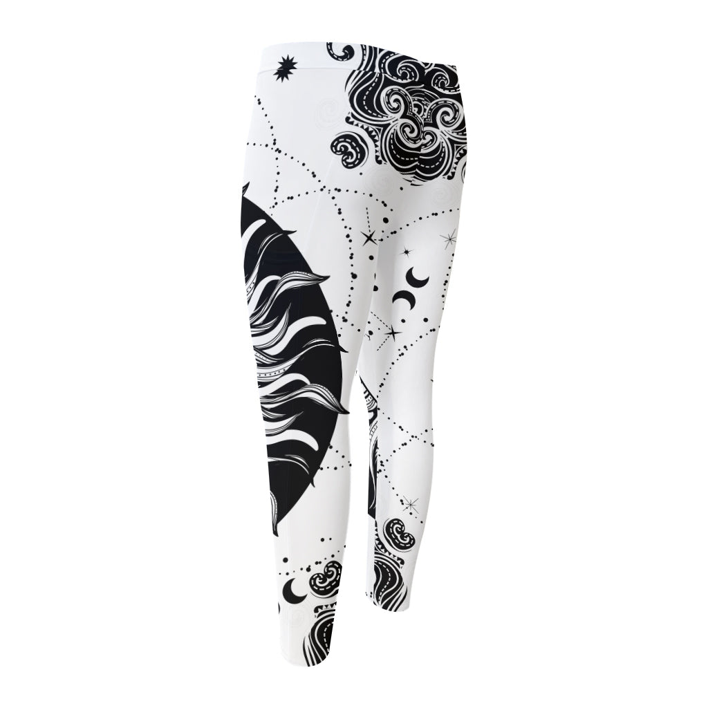 Black And White Celestial Sun Print Men's Compression Pants